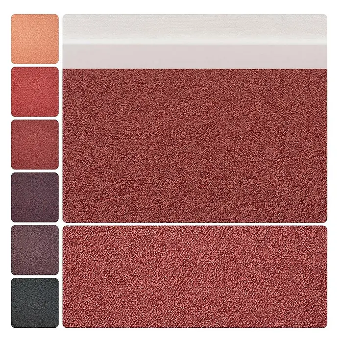 Bricoflor Teppichboden Meterware Schlinge meliert, dunkel-rot, 300 x 500 cm - Breite: 500 cm, Schlinge, 100 % Polyamid (PA), dunkel-rot - Rotbrauner strukturierter Teppich mit weißer Fußleiste und diversen Farbmustern.