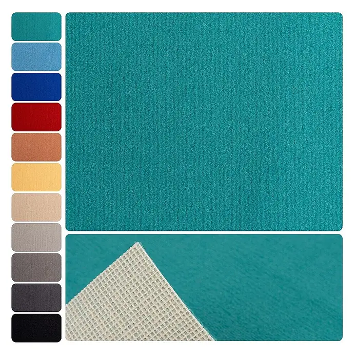 Bricoflor Teppichboden Meterware 2x4m, Velours uni, türkis grün - Velours, 100 % Polyamid (PA), türkis grün - Türkises, strukturiertes Textilmaterial mit rutschfester Unterseite, dargestellt mit mehreren Farboptionen.