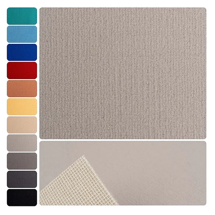 Bricoflor Teppichboden Meterware 2x4m, Velours uni, hell-grau - Velours, 100 % Polyamid (PA), hell-grau - Strukturierte Matte in Hellgrau mit Farbpalette. Ecke hochgehoben zeigt rutschfeste Gitterunterseite.