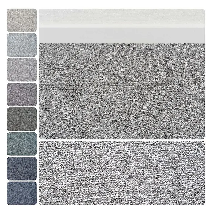 Bricoflor Teppichboden Meterware 2x4m, Schlinge meliert, hell-grau silber - Schlinge, 100 % Polyamid (PA), hell-grau silber - Teppichmuster in verschiedenen Grautönen, mit einer großen hellgrauen strukturierten Teppichfläche und einer weißen Fußleiste.