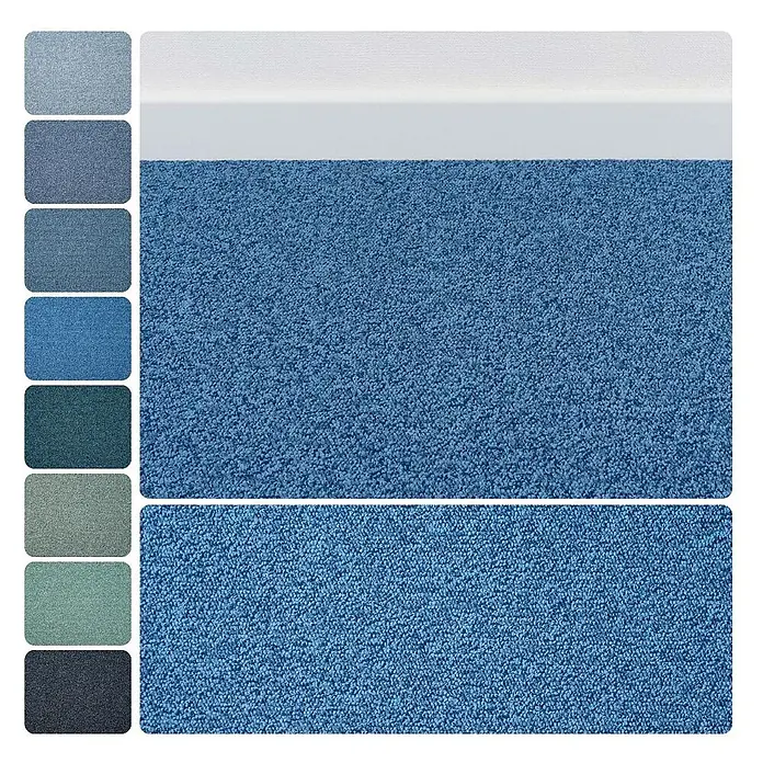 Bricoflor Teppichboden Meterware Schlinge meliert, blau, 700 x 400 cm - Breite: 400 cm, Schlinge, 100 % Polyamid (PA), blau - Strukturiertes blaues Teppichmuster mit weißer Fußleiste und verschiedenen Farbmustern.