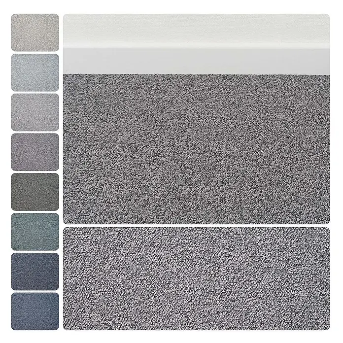 Bricoflor Teppichboden Meterware 8x5m, Schlinge meliert, hell-grau - Schlinge, 100 % Polyamid (PA), hell-grau - Strukturierter grauer Teppichboden mit weißer Fußleiste und verschiedenen Farbmustern.