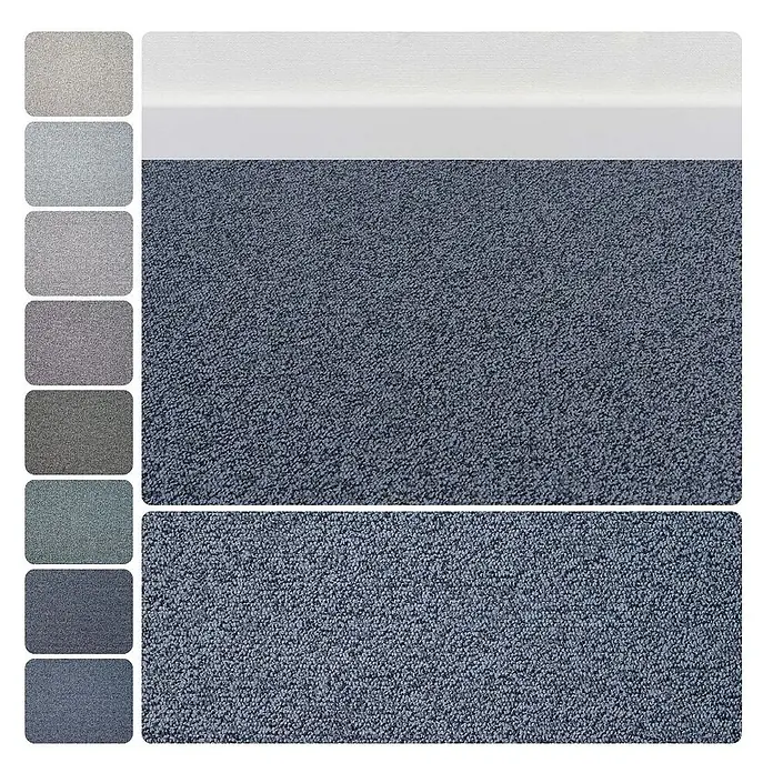 Bricoflor Teppichboden Meterware 9x4m, Schlinge meliert, dunkel-grau blau - Schlinge, 100 % Polyamid (PA), dunkel-grau blau - Strukturierte Teppichmuster in Grau- und Blautönen, mit einem großen blau-grauen Teppichbereich an einer weißen Wand.
