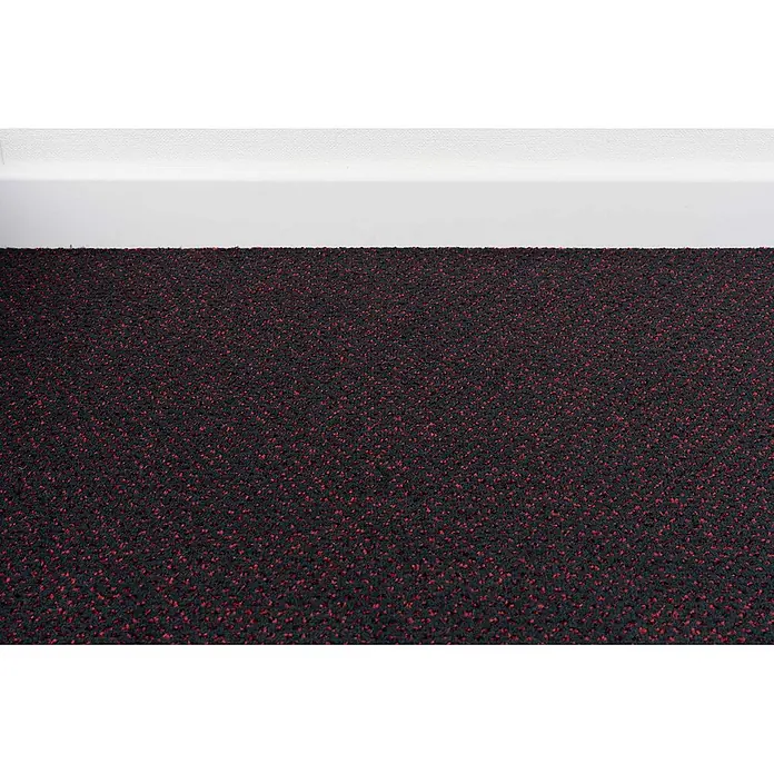 Bricoflor Teppichboden Meterware 9x4m, Velours gemustert, schwarz rot - Velours, 100 % Polyamid (PA), schwarz rot - Dunkelrot und schwarz gesprenkelter Teppich mit dichter Textur.