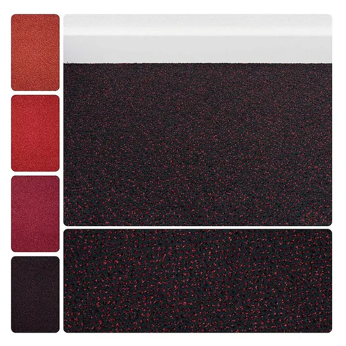 Bricoflor Teppichboden Meterware 9x4m, Velours gemustert, schwarz rot - Velours, 100 % Polyamid (PA), schwarz rot - Dunkler Teppich mit roten Sprenkeln und vier einfarbige rote Teppichmuster.