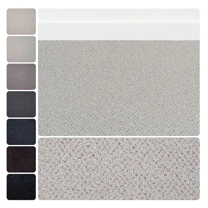 Bricoflor Teppichboden Meterware Velours gemustert, hell-grau weiß, 900 x 400 cm - Breite: 400 cm, Velours, 100 % Polyamid (PA), hell-grau weiß - Texturierte hellgraue Stoffprobe mit mehreren einfarbigen Stoffmustern in Schattierungen von Hellgrau bis Schwarz.