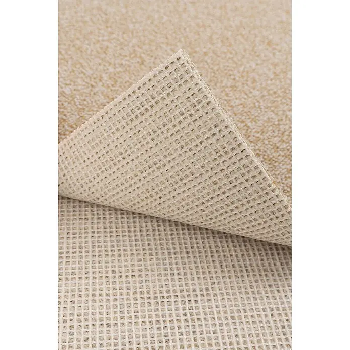 Bricoflor Teppichboden Meterware 2x4m, Schlinge meliert, beige - Schlinge, 100 % Polyamid (PA), beige - Beige, gitterstrukturierte Antirutschunterlage für Teppiche, gefaltet zeigt sie ihre Griffoberfläche.