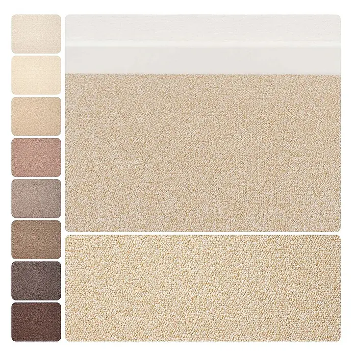 Bricoflor Teppichboden Meterware 2x4m, Schlinge meliert, beige - Schlinge, 100 % Polyamid (PA), beige - Gesprenkelte Teppichmuster in Cremefarben bis Dunkelbraun. Eine große hellbeige Teppichfläche zeigt die gesprenkelte Textur.