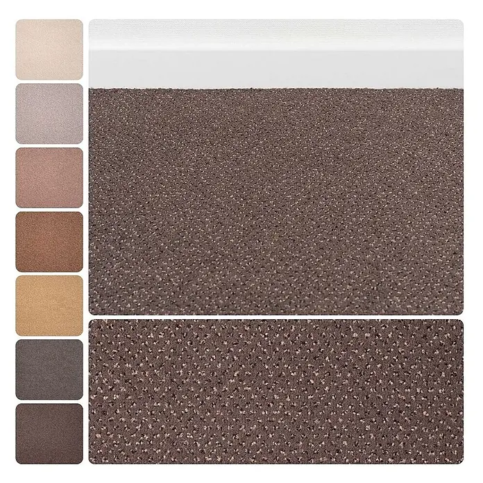 Bricoflor Teppichboden Meterware 2,5x4m, Velours gemustert, dunkel-braun - Velours, 100 % Polyamid (PA), dunkel-braun - Strukturierter brauner Sprenkelteppich, präsentiert mit einer Palette natürlicher Erdtöne.