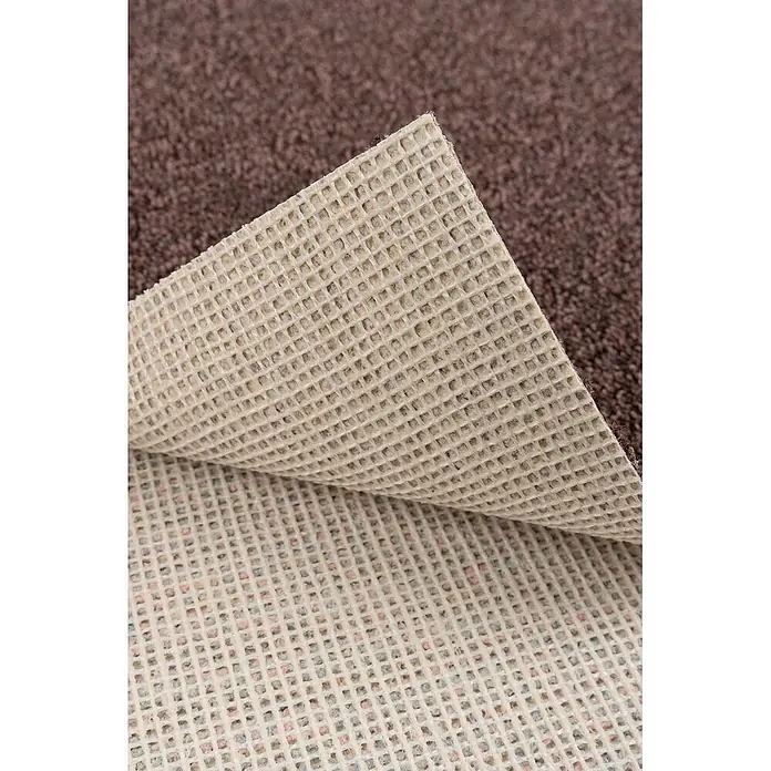 Bricoflor Teppichboden Meterware 2,5x4m, Schlinge meliert, dunkel-braun - Schlinge, 100 % Polyamid (PA), dunkel-braun - Brauner Teppich, der die strukturierte rutschfeste Unterseite zeigt.