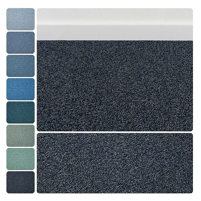 Bricoflor Teppichboden Meterware 2,5x4m, Schlinge meliert, dunkel-blau - Schlinge, 100 % Polyamid (PA), dunkel-blau - Dunkelblau-grauer Schlingenflor-Teppichmuster mit blauen und grünen Farbswatches.
