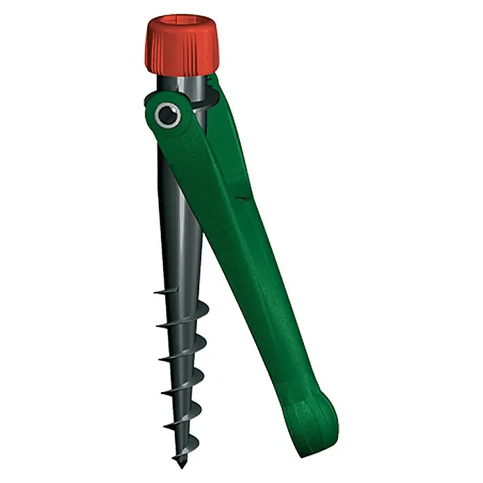 Krinner Bodendübel Vario Drill - 15 x 38 x 38 cm - Der Ankerbohrer mit rotem Griff und grünem Hebel ist ein robustes Werkzeug, um Gegenstände im Boden zu befestigen.
