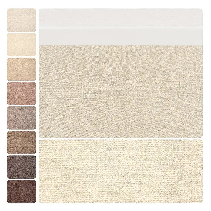 Bricoflor Teppichboden Meterware 3,5x4m, Schlinge meliert, hell-beige - Schlinge, 100 % Polyamid (PA), hell-beige - Texturierte Teppichmuster und größere Proben in verschiedenen neutralen Beige- und Brauntönen.