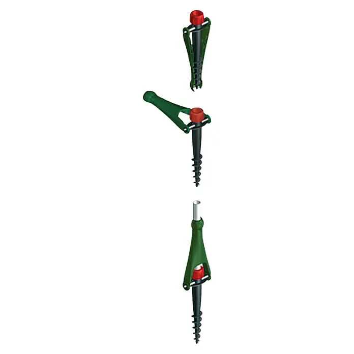 Krinner Bodendübel Vario Drill - 15 x 38 x 38 cm - Darstellung von drei grünen Wäschespinnenhaltern mit roter Kappe und Erdspieß, ideal für den Garten.
