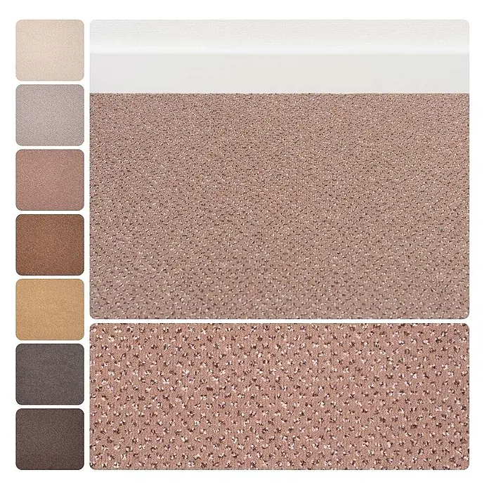 Bricoflor Teppichboden Meterware Velours gemustert, braun, 900 x 400 cm - Breite: 400 cm, Velours, 100 % Polyamid (PA), braun - Strukturierter, gesprenkelter, altrosafarbener Teppichmuster, mit einer Auswahl an Farbmustern daneben.