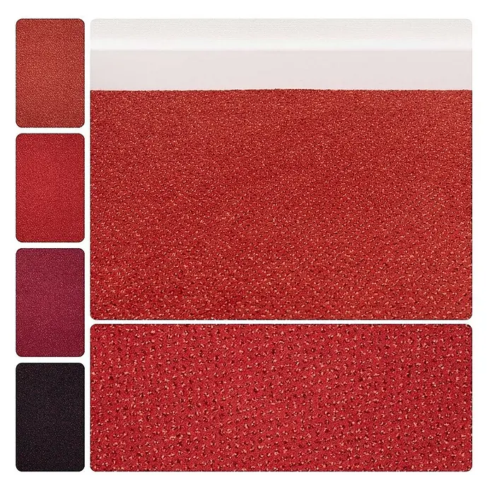 Bricoflor Teppichboden Meterware 5,5x4m, Velours gemustert, rot - Velours, 100 % Polyamid (PA), rot - Strukturierte rote Matte mit dezenten Sprenkeln, dargestellt mit Farbmustern in Rot- und Schwarztönen.