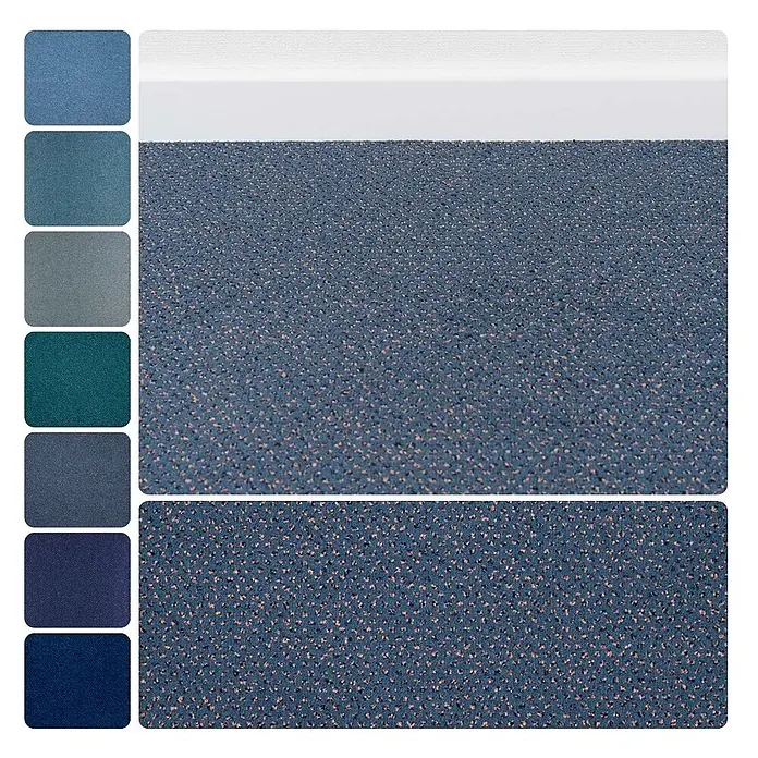 Bricoflor Teppichboden Meterware 8,5x4m, Velours gemustert, dunkel-blau grau - Velours, 100 % Polyamid (PA), dunkel-blau grau - Blauer, gesprenkelter Teppichboden mit detaillierter Textur, präsentiert mit Farbmusterbeispielen.