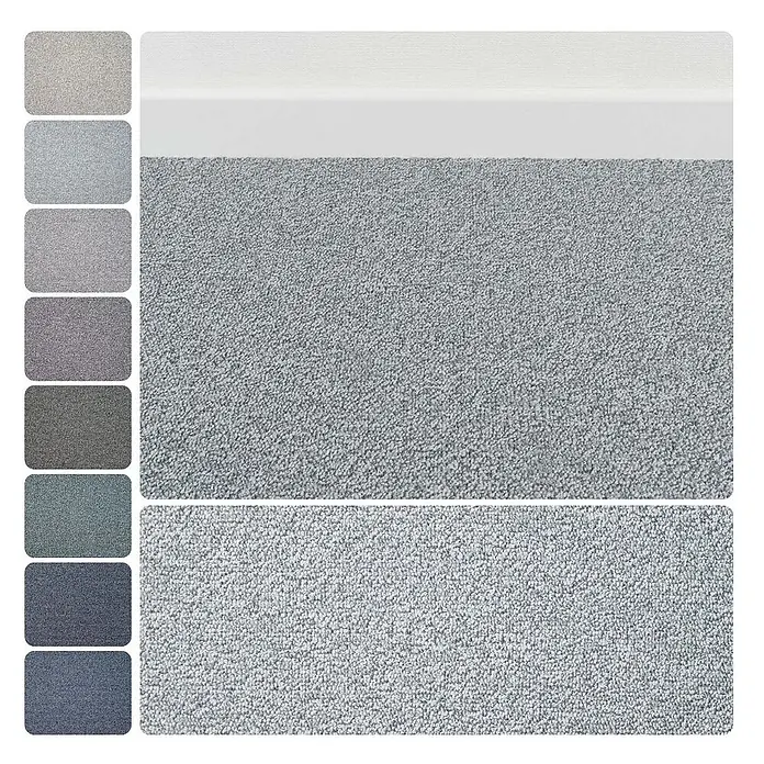 Bricoflor Teppichboden Meterware 4,5x5m, Schlinge meliert, hell-grau weiß - Schlinge, 100 % Polyamid (PA), hell-grau weiß - Heller Kurzflorteppich in Grau, mit Farbmustern in verschiedenen Grau- und Blauschattierungen.