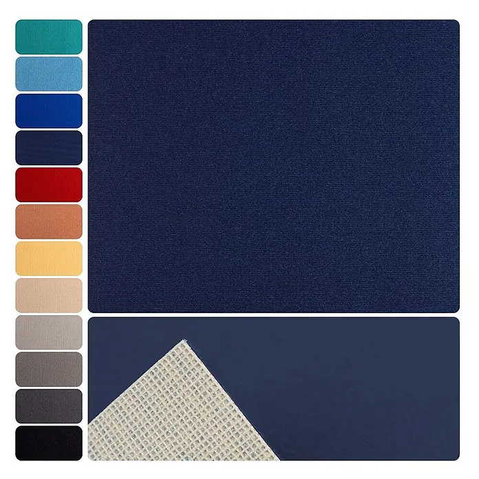 Bricoflor Teppichboden Meterware 4,5x4m, Velours uni, dunkel-blau - Velours, 100 % Polyamid (PA), dunkel-blau - Dunkelblaues strukturiertes Gewebe, zeigt seine verstärkte Rückseite und weitere verfügbare Farboptionen.