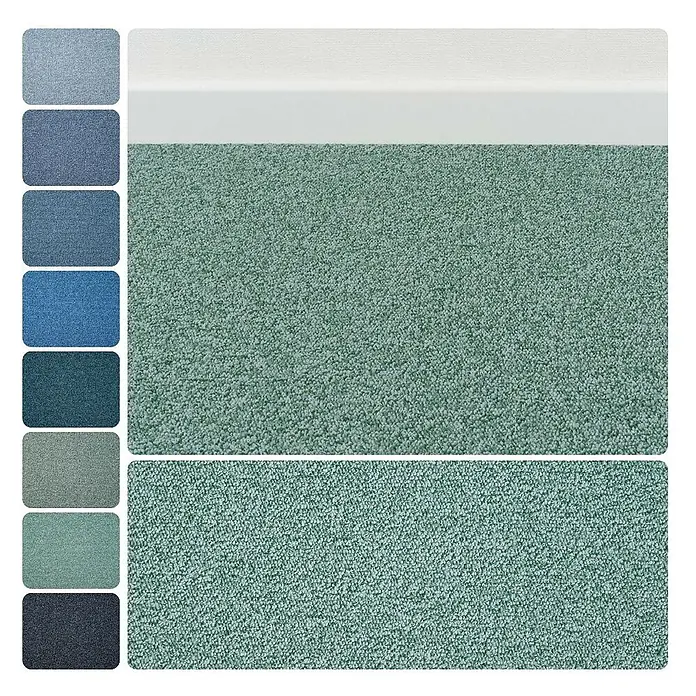 Bricoflor Teppichboden Meterware 2x5m, Schlinge meliert, hell-grün - Schlinge, 100 % Polyamid (PA), hell-grün - Texturierte hellgrüne Teppichprobe, gezeigt mit weißer Fußleiste und verschiedenen blauen und grünen Farbmustern.