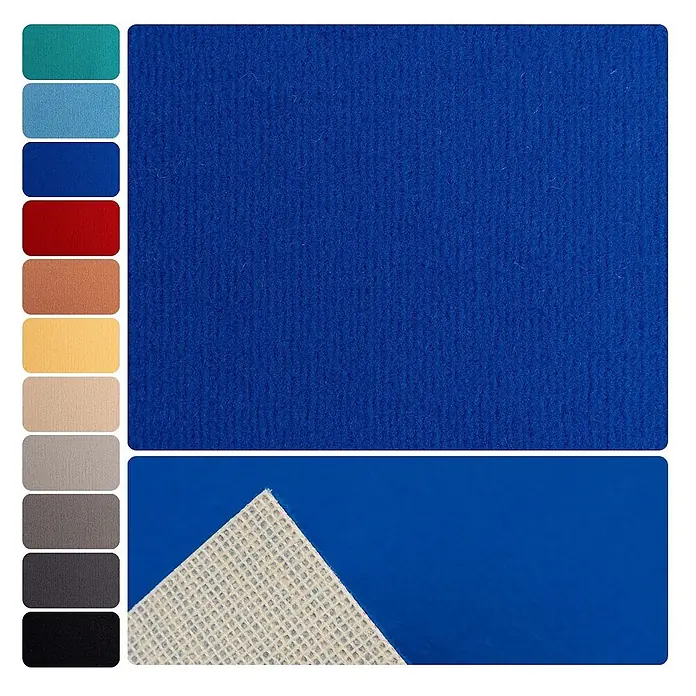 Bricoflor Teppichboden Meterware 5x4m, Velours uni, blau - Velours, 100 % Polyamid (PA), blau - Blauer Filzstoff mit Textur, Farbmuster und Detailansicht der Gitterrückseite.