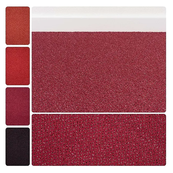 Bricoflor Teppichboden Meterware Velours gemustert, dunkel-rot, 650 x 400 cm - Breite: 400 cm, Velours, 100 % Polyamid (PA), dunkel-rot - Strukturierte rote Matte oder Teppich mit körniger Oberfläche, dargestellt mit verschiedenen roten Farbmustern.