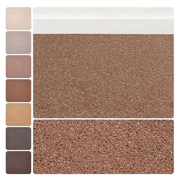 Bricoflor Teppichboden Meterware 2x4m, Velours gemustert, hell-braun - Velours, 100 % Polyamid (PA), hell-braun - Texturierter brauner Teppich mit gesprenkeltem Muster und begleitender Farbpalette.