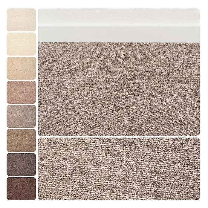 Bricoflor Teppichboden Meterware Schlinge meliert, hell-braun, 250 x 400 cm - Breite: 400 cm, Schlinge, 100 % Polyamid (PA), hell-braun - Strukturierter Teppich in Beige und Braun, präsentiert mit verschiedenen Farbmustern.