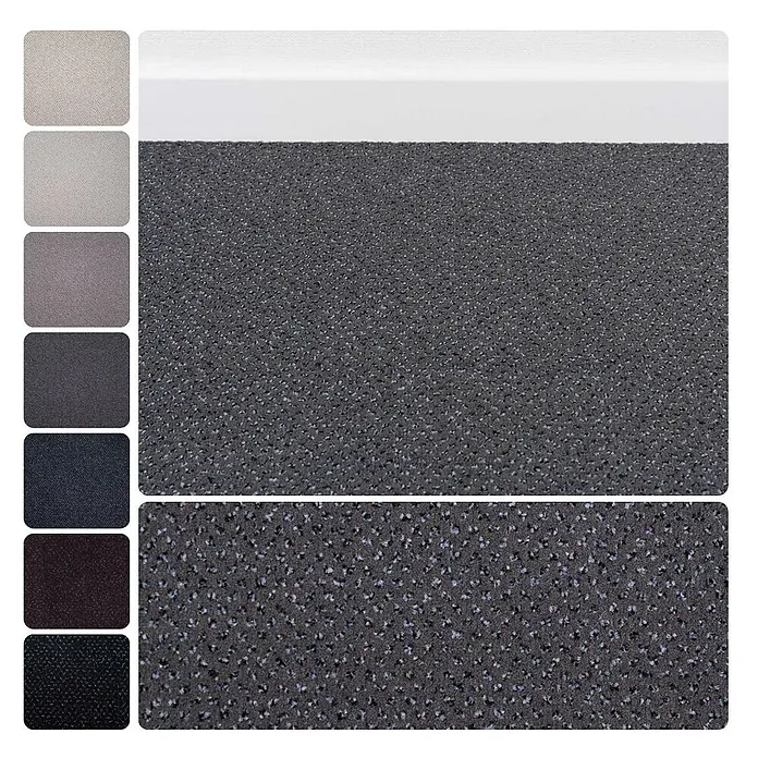Bricoflor Teppichboden Meterware Velours gemustert, dunkel-grau, 250 x 400 cm - Breite: 400 cm, Velours, 100 % Polyamid (PA), dunkel-grau - Dunkelgrauer melierter Teppich mit weißer Fußleiste und verschiedenen Farbmustern.