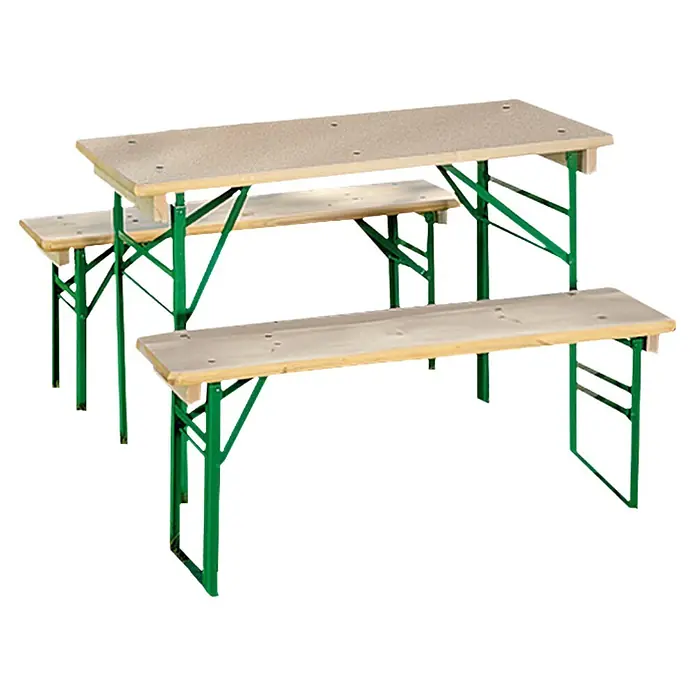 Sunfun Bierzeltgarnitur - 3 -tlg., Nadelholz/Stahl, Klappbar, Naturbraun/Grün, Tisch (L x B x H): 110 x 50 x 77 cm, Bank (B x T x H): 110 x 25 x 49 cm, Ohne Rückenlehne - Ein Set aus Biertisch und Bierbänken mit grünen Metallgestellen und hellen Holzplatten, ideal für Feste und Veranstaltungen.