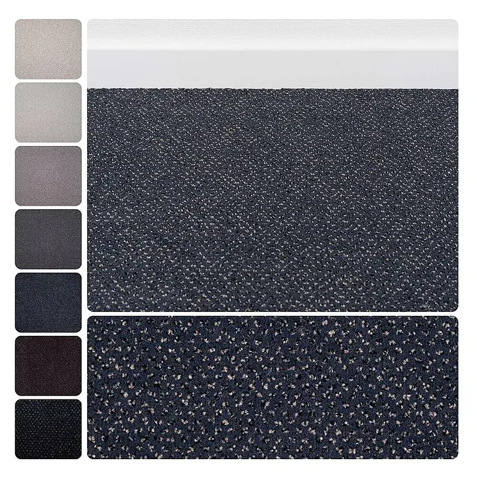 Bricoflor Teppichboden Meterware 4x4m, Velours gemustert, dunkel-grau anthrazit - Velours, 100 % Polyamid (PA), dunkel-grau anthrazit - Dunkelblauer gesprenkelter Teppichmuster mit grauen/schwarzen Farboptionen, dargestellt mit weißer Fußleiste.