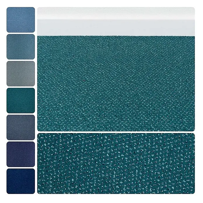 Bricoflor Teppichboden Meterware 8x4m, Velours gemustert, türkis grün - Velours, 100 % Polyamid (PA), türkis grün - Türkisfarbener Stoffmuster mit gesprenkeltem Muster, daneben eine Palette blauer und grauer Farboptionen.