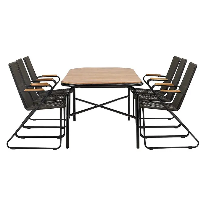 Ebuy24 Gartentisch-Set Holmbeck - Gesamtumfang: 7 -tlg., L x B x H: 90 x 200 x 75 cm, Ø x H: 90 x 75 cm, Stahl Akazie, Stapelbar - Gartenessgruppe mit Holztisch und sechs Stühlen mit dunklen Geflechtsitzen, Holzarmlehnen und schwarzen Metallgestellen.