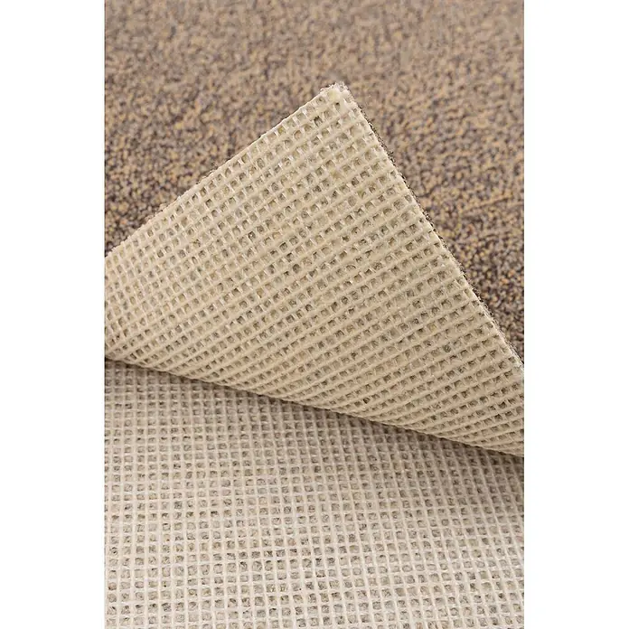 Bricoflor Teppichboden Meterware 3x5m, Schlinge meliert, braun gelb - Schlinge, 100 % Polyamid (PA), braun gelb - Unterseite eines beigen Teppichs mit Antirutsch-Gitterstruktur.