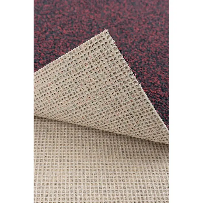 Bricoflor Teppichboden Meterware Schlinge meliert, rot schwarz, 700 x 400 cm - Breite: 400 cm, Schlinge, 100 % Polyamid (PA), rot schwarz - Roter und schwarz gesprenkelter Teppich mit beiger, gittergemusterter rutschfester Rückseite, teilweise angehoben.