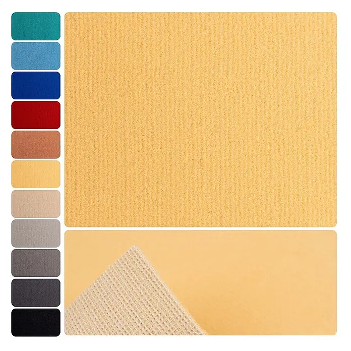 Bricoflor Teppichboden Meterware 3,5x4m, Velours uni, gelb - Velours, 100 % Polyamid (PA), gelb - Gelb-orange strukturierte Teppichprobe mit Farbmustern und rutschfester Rückseite.