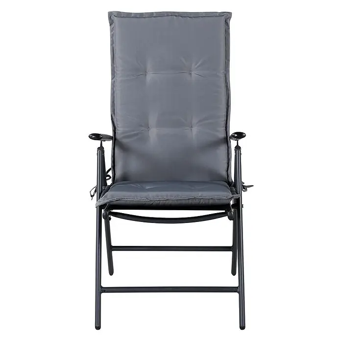 Ebuy24 Sitzauflage Cushio - 1 Stk., L x B x H: 46 x 116 x 6 cm, Polyether, Grau - Bequemer grauer Hochlehner-Gartenstuhl mit gepolsterter Sitzfläche und Rückenlehne auf dunklem Metallgestell.