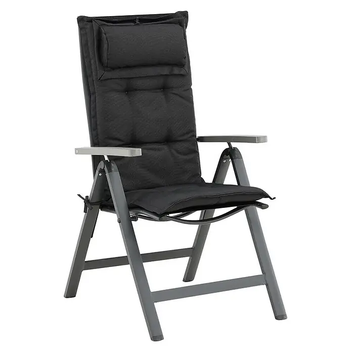 Ebuy24 Sitzauflage Cus - 1 Stk., L x B x H: 94 x 41 x 6 cm, Fasern, Schaum, Polyester., Schwarz - Schwarzer gepolsterter Klappstuhl mit grauem Metallrahmen und Kopfstütze.