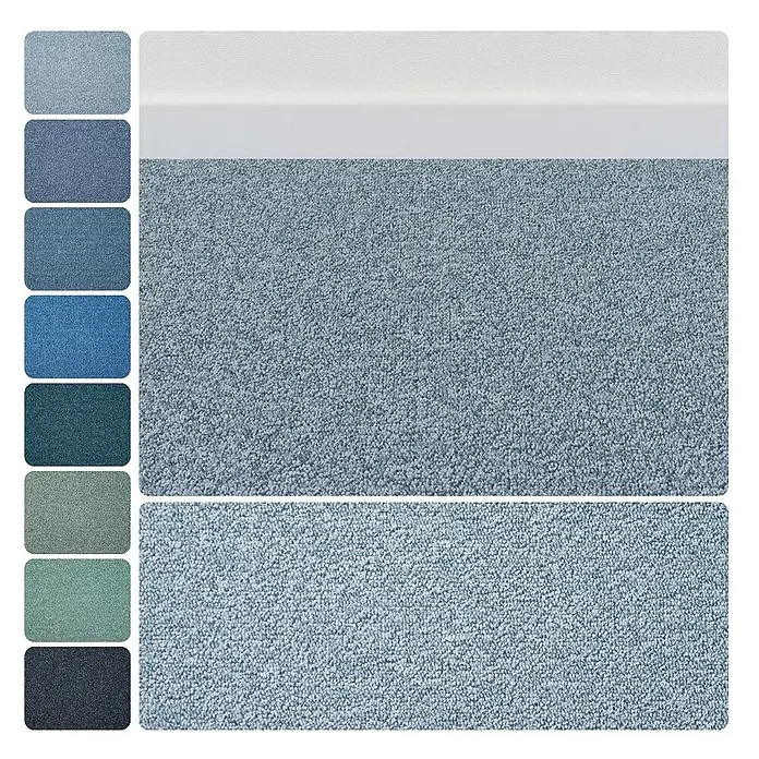 Bricoflor Teppichboden Meterware 4x4m, Schlinge meliert, hell-blau - Schlinge, 100 % Polyamid (PA), hell-blau - Strukturierter hellblauer Teppich auf einem Boden, begleitet von einer Spalte blauer und grüner Teppichfarbmuster.