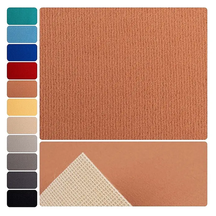 Bricoflor Teppichboden Meterware 2,5x4m, Velours uni, orange terra - Velours, 100 % Polyamid (PA), orange terra - Gerippter terrakottafarbener Filzteppich mit rutschfester Rückseite, zeigt verschiedene Farboptionen.