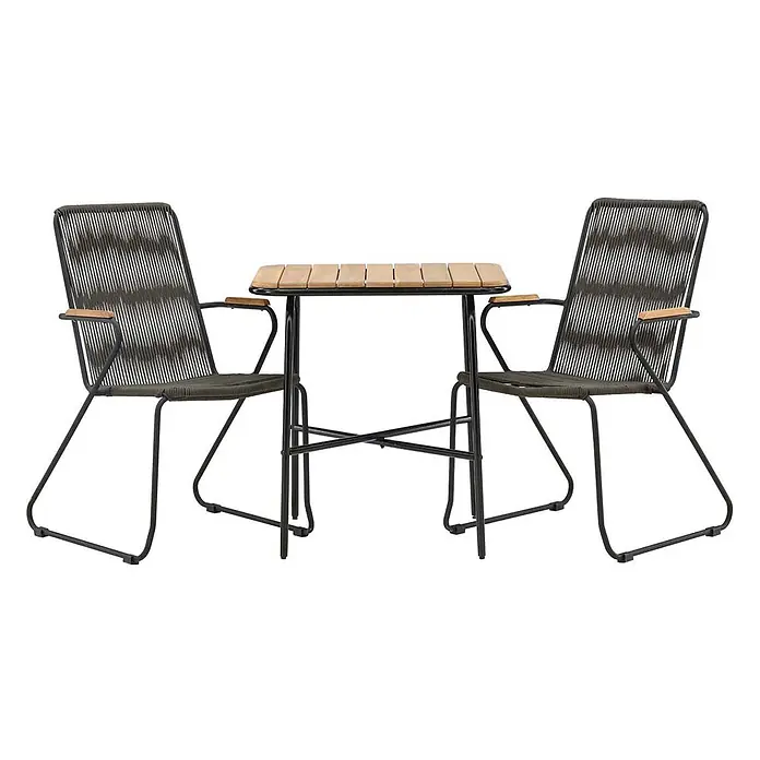 Ebuy24 Gartentisch-Set Holmbeck - Gesamtumfang: 3 -tlg., L x B x H: 88 x 70 x 74 cm, Ø x H: 88 x 74 cm, Stahl Akazie, Stapelbar - Outdoor-Bistro-Set mit zwei Stühlen und einem Lattenholztisch. Stühle mit dunkelgrauem Seilgeflecht, schwarzen Metallrahmen und Holzarmlehnen.