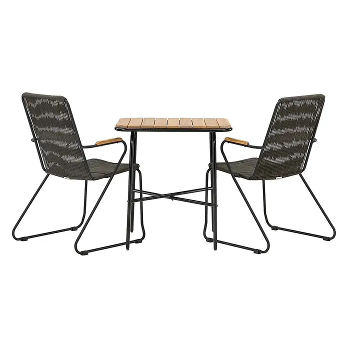 Ebuy24 Gartentisch-Set Holmbeck - Gesamtumfang: 3 -tlg., L x B x H: 88 x 70 x 74 cm, Ø x H: 88 x 74 cm, Stahl Akazie, Stapelbar - Outdoor-Bistro-Set mit hellbraunem Tisch mit Holzlamellen und zwei dunkelgrauen Seilstühlen mit schwarzen Metallrahmen und Holzarmlehnen.