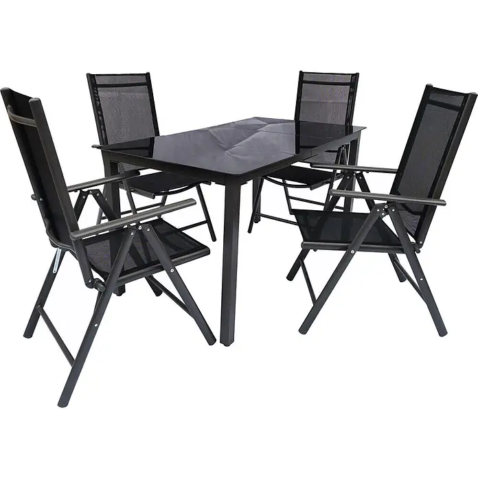 Ebuy24 Gartentisch-Set Dora - Gesamtumfang: 5 -tlg., L x B x H: 80 x 140 x 76 cm, Ø x H: 80 x 76 cm, Stahl, Glas, Textil, Stapelbar - Schwarzes Metall-Essgruppe mit dunklem Glastisch und vier schwarzen Netzklappstühlen.