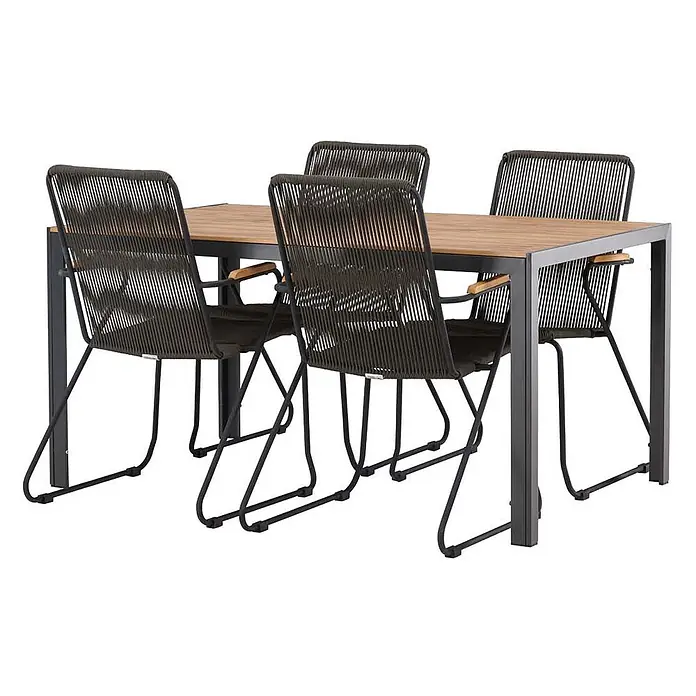 Ebuy24 Gartentisch-Set Break - Gesamtumfang: 5 -tlg., L x B x H: 90 x 150 x 74 cm, Ø x H: 90 x 74 cm, Stahl Aluminum, Stapelbar - Essgruppe für den Außenbereich mit Holztischplatte und vier Stühlen aus dunklem geflochtenem Seil mit Metallrahmen und Holzarmlehnen.