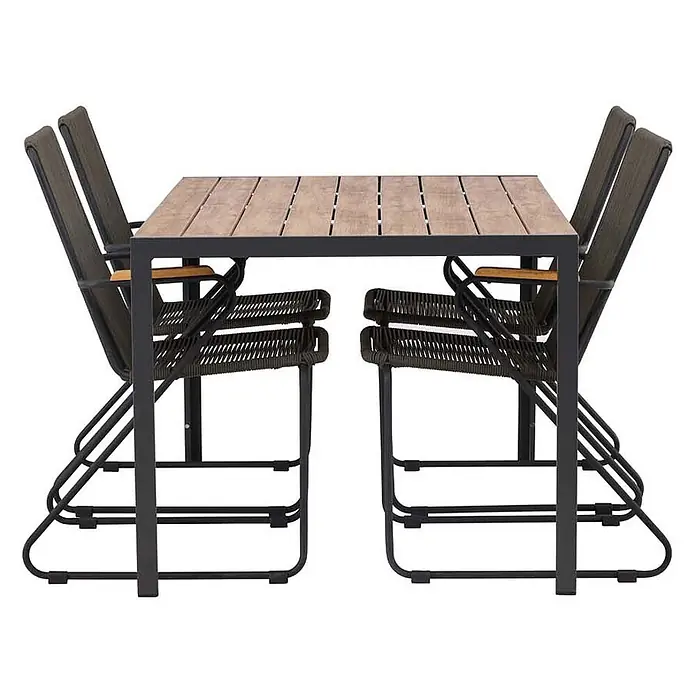 Ebuy24 Gartentisch-Set Break - Gesamtumfang: 5 -tlg., L x B x H: 90 x 150 x 74 cm, Ø x H: 90 x 74 cm, Stahl Aluminum, Stapelbar - Dunkles Metall- und Holzlamellen-Essset für draußen mit vier Stühlen mit dunklen geflochtenen Sitzen und Holzarmlehnen.