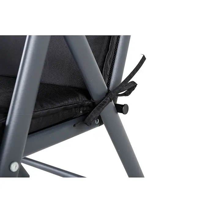 Ebuy24 Sitzauflage Cushio - 1 Stk., L x B x H: 46 x 116 x 6 cm, Polyether, Schwarz - Dunkelgrauer Stuhlrahmen mit schwarzem Polsterkissen, mit Band befestigt, Reißverschluss sichtbar.