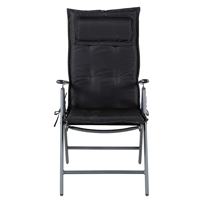 Ebuy24 Sitzauflage Cushio - 1 Stk., L x B x H: 46 x 116 x 6 cm, Polyether, Schwarz - Schwarzer gepolsterter Klappstuhl mit Metallrahmen und Kopfstütze.