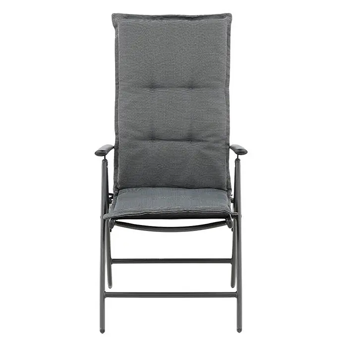 Ebuy24 Sitzauflage Cus - 1 Stk., L x B x H: 46 x 116 x 6 cm, Fasern, Schaum, Polyester., Hellgrau - Grauer, gepolsterter Klappgartenstuhl mit dunklem Metallgestell.