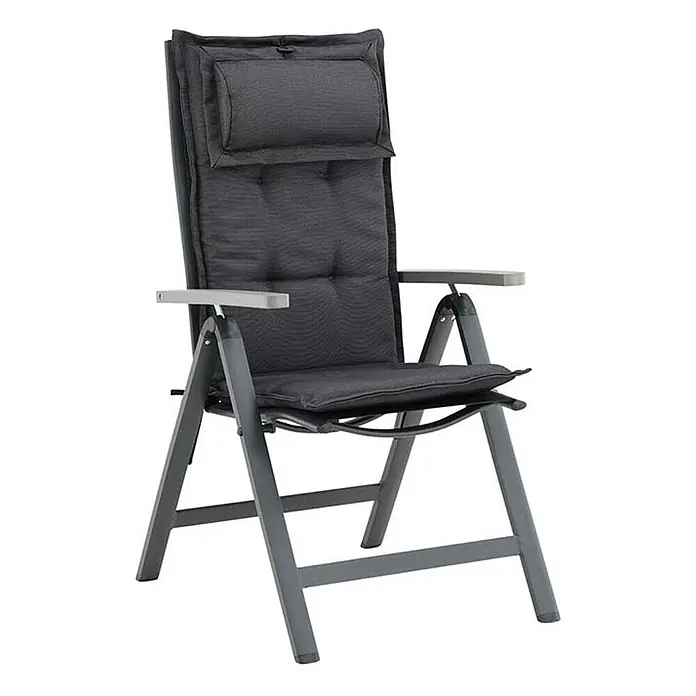 Ebuy24 Sitzauflage Cus - 1 Stk., L x B x H: 46 x 116 x 6 cm, Fasern, Schaum, Polyester., Grau - Grauer Klappgartenstuhl mit grauem Metallgestell und dicken, dunkelgrauen Polstern, inklusive Kopfstütze.