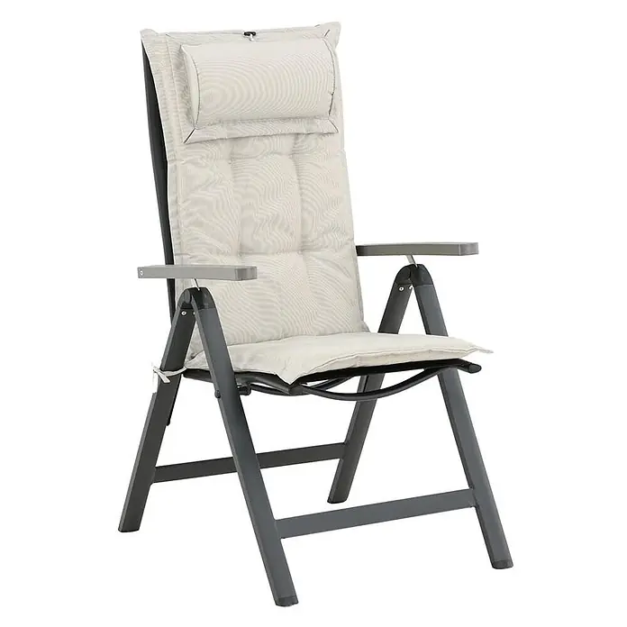 Ebuy24 Sitzauflage Cus - 1 Stk., L x B x H: 46 x 116 x 6 cm, Fasern, Schaum, Polyester., Weiß - Klappbarer Garten-Liegestuhl mit dunkelgrauem Gestell und hellbeigen Polstern, inklusive Kopfkissen.